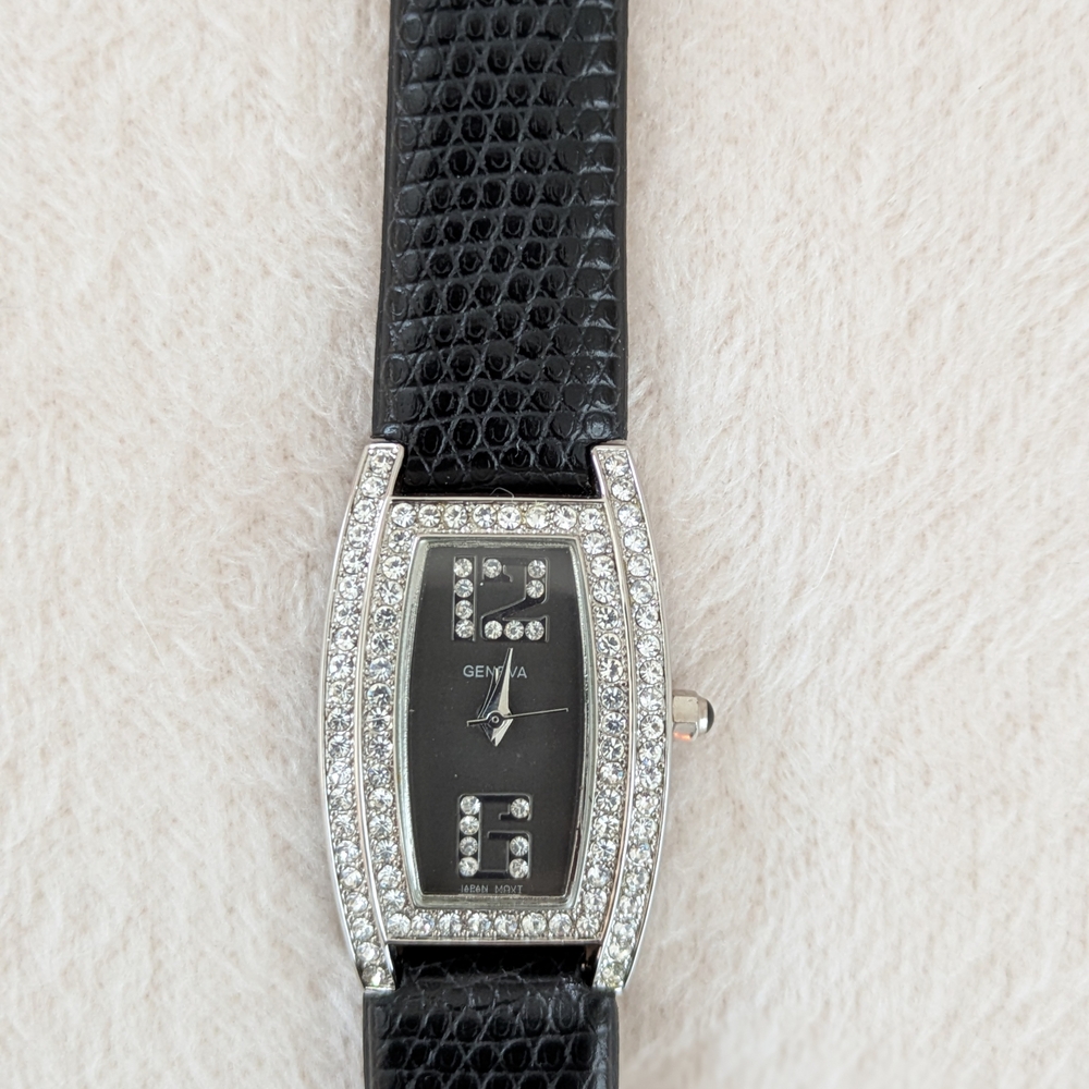 Geneva Black and Silver Watch with Crystal Accents